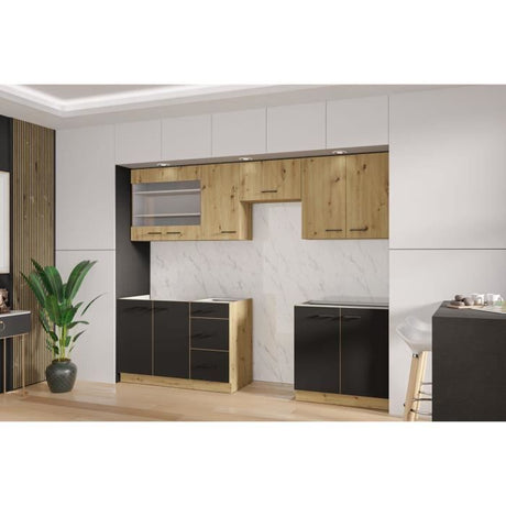 MODENA - Cuisine complete - 260 x 52 x 82 cm - Chene artisan / Noir mat - Plan de travail non inclus