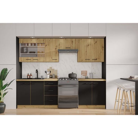 MODENA - Cuisine complete - 260 x 52 x 82 cm - Chene artisan / Noir mat - Plan de travail non inclus