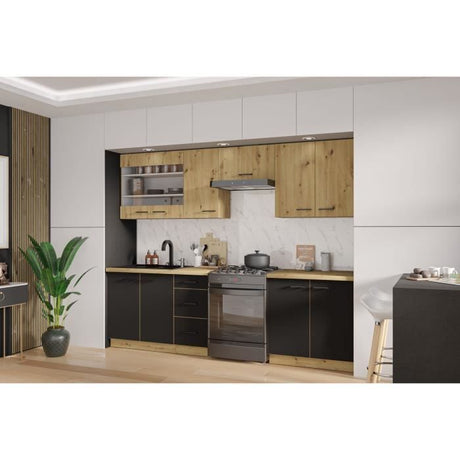 MODENA - Cuisine complete - 260 x 52 x 82 cm - Chene artisan / Noir mat - Plan de travail non inclus