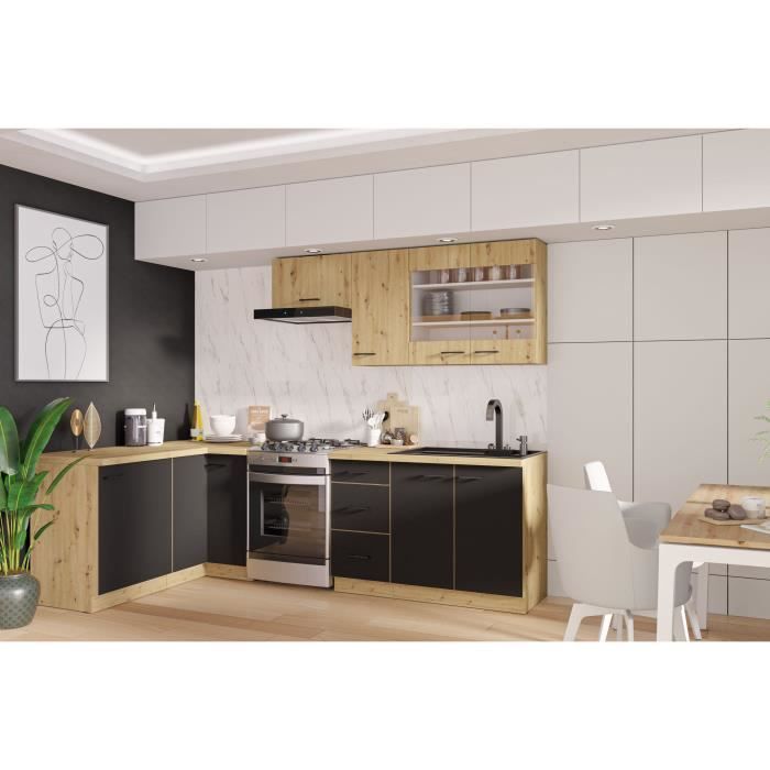 MODENA - Cuisine complete - 270 x 150 cm - Chene artisan / Noir mat - Plan de travail non inclus