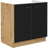 MODENA - Meuble sous evier - 2 portes battantes - 80 x 52 x 82 cm - Chene artisan / Noir mat - Plan de travail non inclus