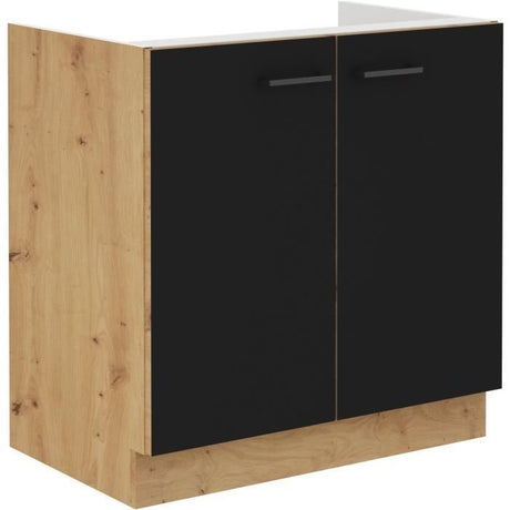 MODENA - Meuble sous evier - 2 portes battantes - 80 x 52 x 82 cm - Chene artisan / Noir mat - Plan de travail non inclus