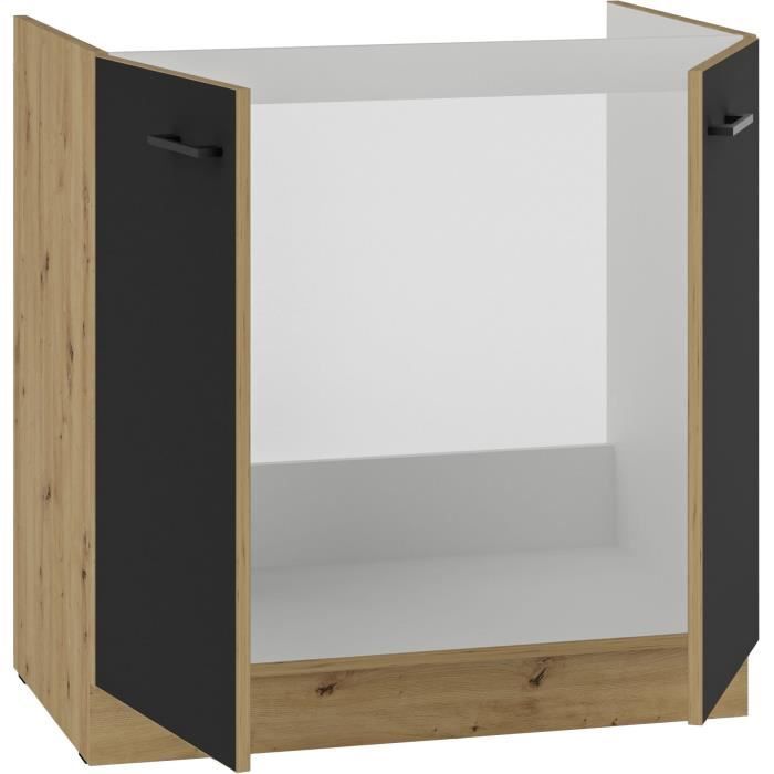 MODENA - Meuble sous evier - 2 portes battantes - 80 x 52 x 82 cm - Chene artisan / Noir mat - Plan de travail non inclus