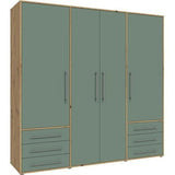 Armoire de chambre - MOKKARO - Décor Vert Sauge et chene - 4 portes battantes - 6 tiroirs - L205,9 x P53 x H200 cm