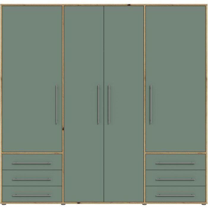 Armoire de chambre - MOKKARO - Décor Vert Sauge et chene - 4 portes battantes - 6 tiroirs - L205,9 x P53 x H200 cm