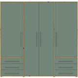 Armoire de chambre - MOKKARO - Décor Vert Sauge et chene - 4 portes battantes - 6 tiroirs - L205,9 x P53 x H200 cm