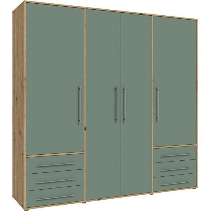 Armoire de chambre - MOKKARO - Décor Vert Sauge et chene - 4 portes battantes - 6 tiroirs - L205,9 x P53 x H200 cm