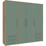Armoire de chambre - MOKKARO - Décor Vert Sauge et chene - 4 portes battantes - 6 tiroirs - L205,9 x P53 x H200 cm