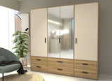 Armoire de chambre - MOKKARO - Décor Chene et sable - 4 portes battantes - 6 tiroirs - 2 miroirs - L205,9 x P52,7 x H200cm
