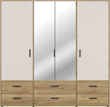 Armoire de chambre - MOKKARO - Décor Chene et sable - 4 portes battantes - 6 tiroirs - 2 miroirs - L205,9 x P52,7 x H200cm