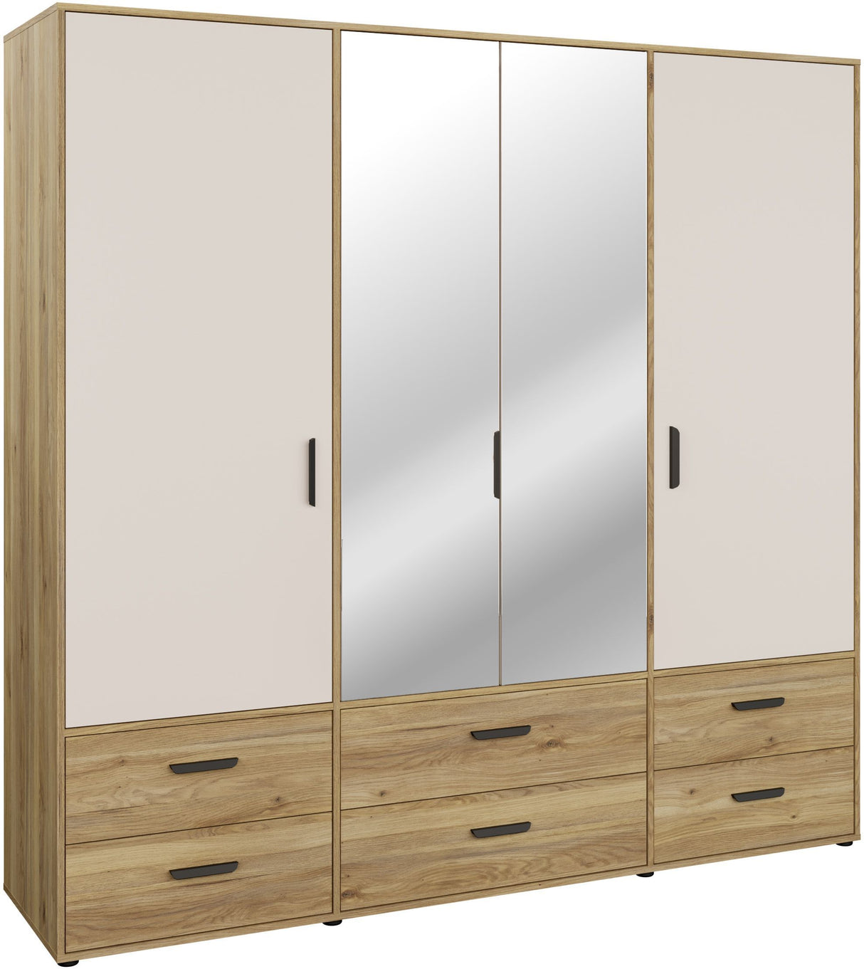 Armoire de chambre - MOKKARO - Décor Chene et sable - 4 portes battantes - 6 tiroirs - 2 miroirs - L205,9 x P52,7 x H200cm