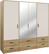 Armoire de chambre - MOKKARO - Décor Chene et sable - 4 portes battantes - 6 tiroirs - 2 miroirs - L205,9 x P52,7 x H200cm