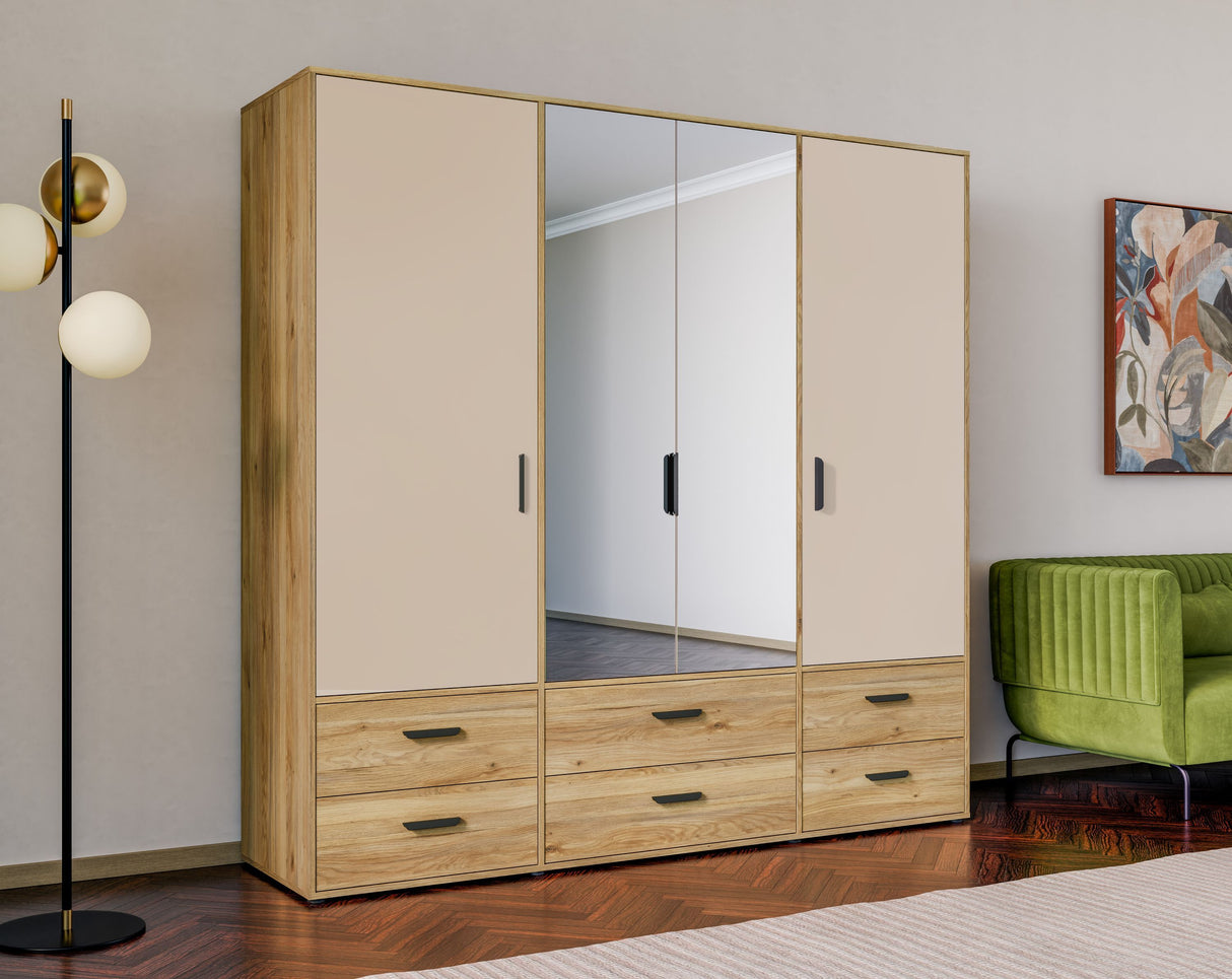 Armoire de chambre - MOKKARO - Décor Chene et sable - 4 portes battantes - 6 tiroirs - 2 miroirs - L205,9 x P52,7 x H200cm