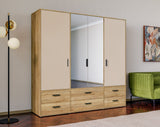 Armoire de chambre - MOKKARO - Décor Chene et sable - 4 portes battantes - 6 tiroirs - 2 miroirs - L205,9 x P52,7 x H200cm