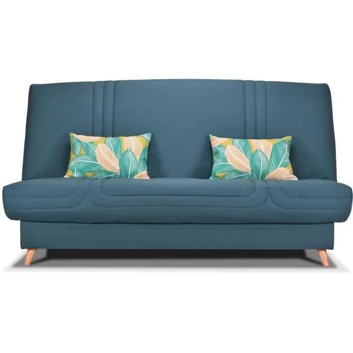 COMFORT BULTEX Banquette clic - Tissu bleu + Coussins déco jungle - L193 x P95 x H101- MONA