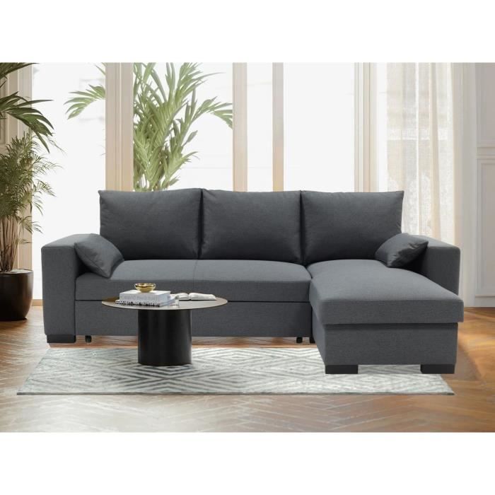 Canapé d'angle convertible - MORGAN - 3 places - Anthracite avec coffre et coussins déco - 236x143x85cm