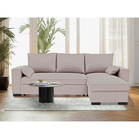 Canapé d'angle convertible - MORGAN - 3 places - Beige avec coffre et coussins déco - 236x143x85cm