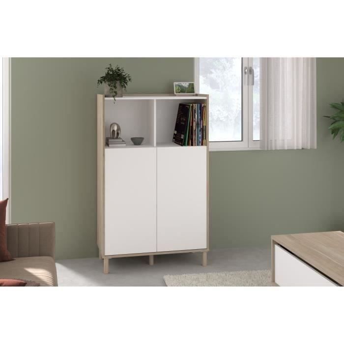 Bahut haut MORPHOS - L 83,7 x P 40 x H 135 cm - Décor blanc / Chene - 2 portes - PARISOT