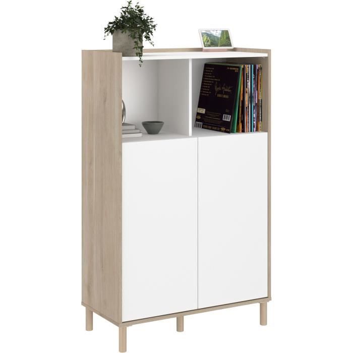 Bahut haut MORPHOS - L 83,7 x P 40 x H 135 cm - Décor blanc / Chene - 2 portes - PARISOT