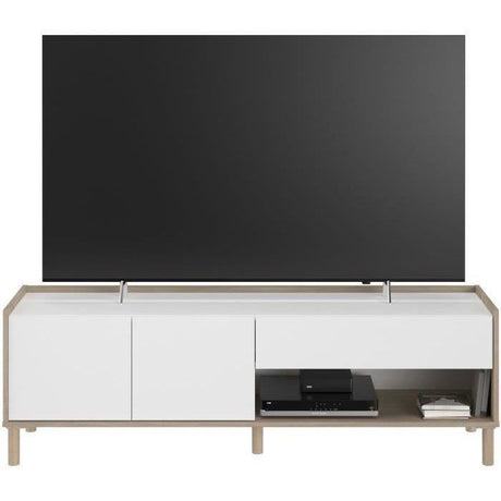 Ensemble meuble de salon - Meuble TV, table basse relevable, bahut haut - MORPHOS - Décor blanc / Chene - PARISOT