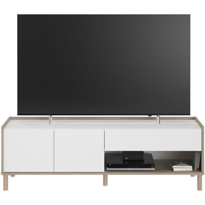 Ensemble meuble de salon - Meuble TV, table basse relevable, bahut haut - MORPHOS - Décor blanc / Chene - PARISOT