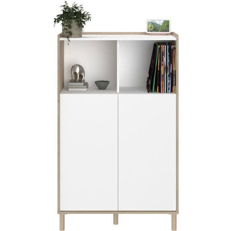 Ensemble meuble de salon - Meuble TV, table basse relevable, bahut haut - MORPHOS - Décor blanc / Chene - PARISOT