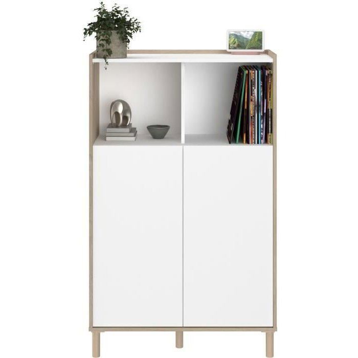 Ensemble meuble de salon - Meuble TV, table basse relevable, bahut haut - MORPHOS - Décor blanc / Chene - PARISOT