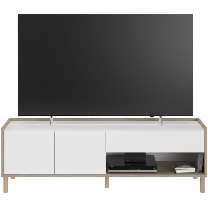 Ensemble meuble de salon - Meuble TV, table basse relevable, bahut haut - MORPHOS - Décor blanc / Chene - PARISOT