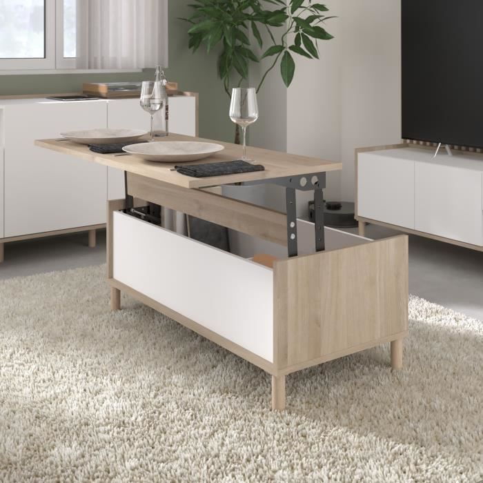 Table basse relevable MORPHOS - L 100 x P 50  x  H 43,6 cm - Rectangulaire - Décor blanc / Chene - PARISOT