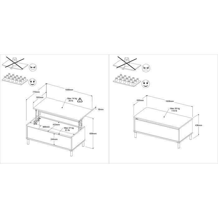 Table basse relevable MORPHOS - L 100 x P 50  x  H 43,6 cm - Rectangulaire - Décor blanc / Chene - PARISOT