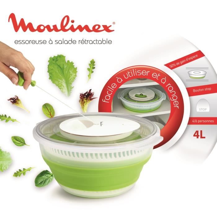 MOULINEX Essoreuse a salade rÈtractable 4 L, Base antidÈrapante, Systeme de tirage par cordon, Bouton d'arret, Vert/Blanc K2530104