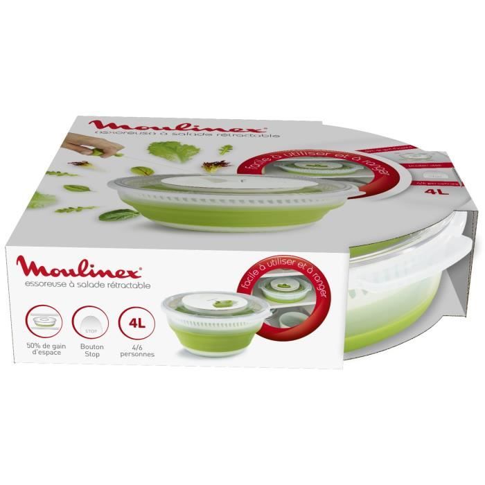 MOULINEX Essoreuse a salade rÈtractable 4 L, Base antidÈrapante, Systeme de tirage par cordon, Bouton d'arret, Vert/Blanc K2530104