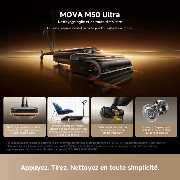 MOVA M50 ULTRA - Aspirateur Balai Laveur - 22 000 Pa - Bras robotisé - Poignée Pliable et Extensible - Lavage Brosse immersif 100°C