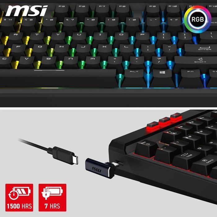 Clavier gamer sans fil - Switches Kailh Midnight Pro Silent - MSI STRIKE PRO Wireless - Format standard - RGB - Noir