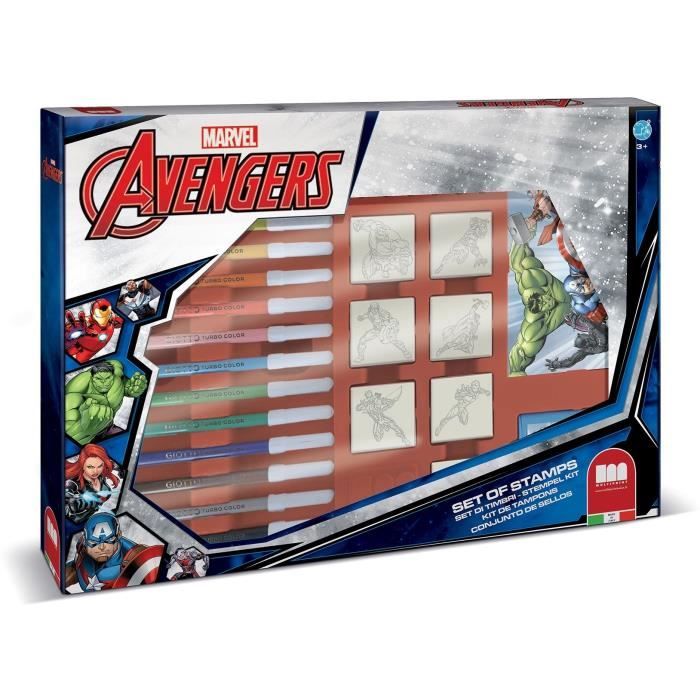 Coffret de tampons - MULTIPRINT - 4873 - Avengers - 7 tampons bois et latex, 12 feutres Giotto, regle, album coloriage