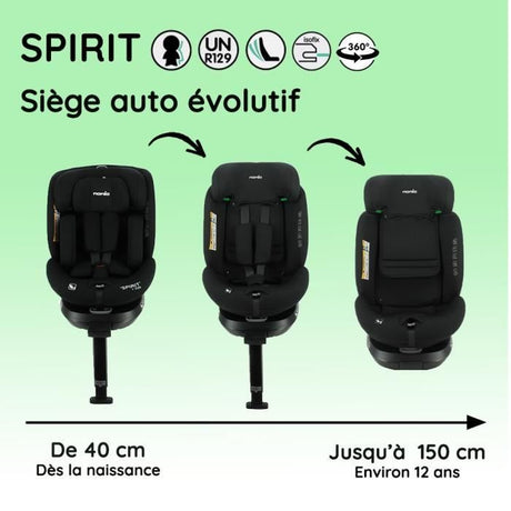 NANIA Siege auto isofix SPIRIT, Groupe 0/1/2/3, de 0 a 10 ans, 0-36 kg, 40-150 cm, R 129– Tetiere réglable - Inclinable - Pivotant -