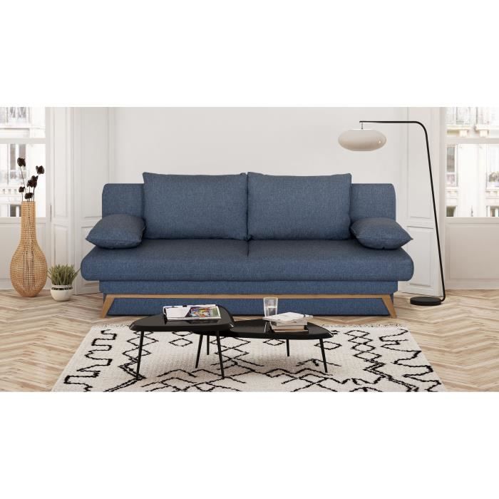Canapé convertible - 3 places - NAOTO - Tissu bleu foncé - Coffre de rangement - 202 x 98 x 98 cm
