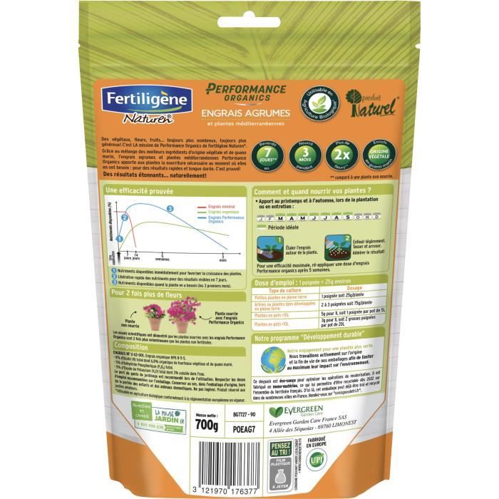 FERTILIGENE Engrais Performance Organics Agrumes, Plantes Méditerranéennes - 700 g