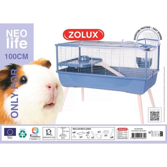 ZOLUX Cage grillagée rongeur surélevée pour cochon d'inde - 99 x 54 x 79 cm - Néolife - Bleu