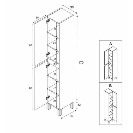 Meuble de salle de bain - Colonne - Décor Blanc brillant - 2 portes - L30 x P35 x H182 cm - NEREA