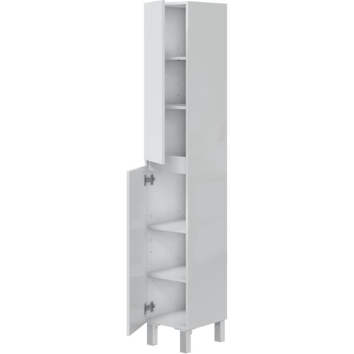 Meuble de salle de bain - Colonne - Décor Blanc brillant - 2 portes - L30 x P35 x H182 cm - NEREA