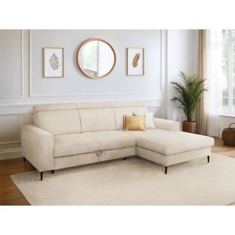 Canapé d'angle convertible - 4 places - NIZZA - Velours côtelé Beige - Coffre - 250 x 166 x 92/104 cm