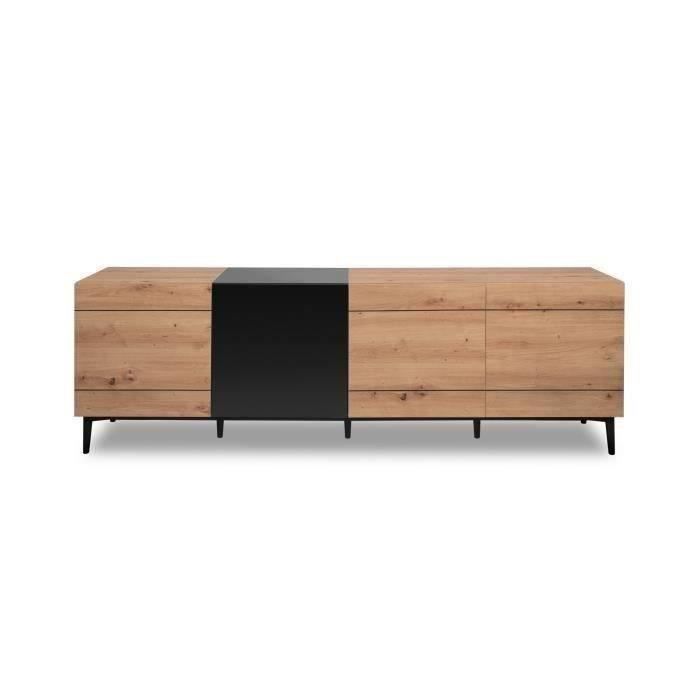 Buffet  Bas / Meuble TV NOLA - DÈcor chene et noir - 4 portes - L 200 x P 42 x H 65 cm
