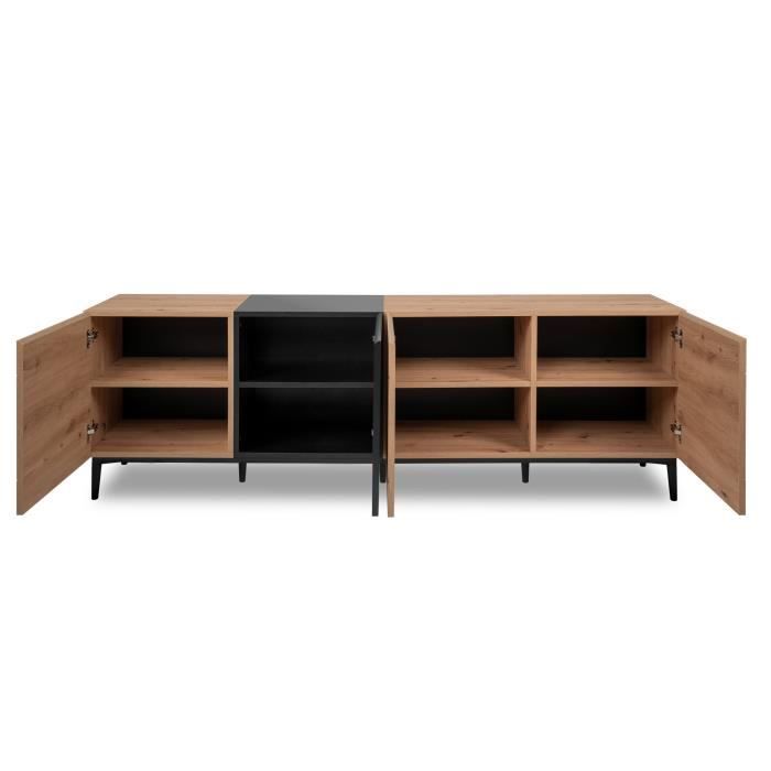 Buffet  Bas / Meuble TV NOLA - DÈcor chene et noir - 4 portes - L 200 x P 42 x H 65 cm