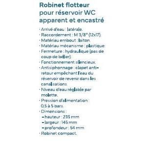Robinet flotteur latéral pour réservoir WC - NOVOBAIN - Embout en laiton