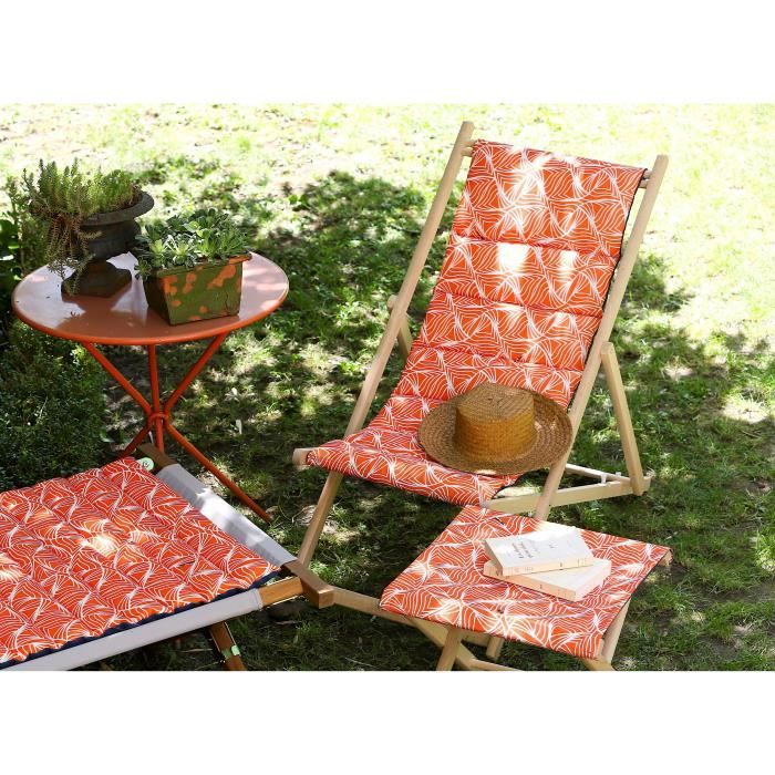 JARDIN PRIVE Chilienne matelassée Vague - Toile amovible - Structure en bois - Orange et blanc