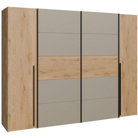 Armoire - Décor Chene et Taupe - 2 portes battantes + 2 portes coulissantes - L270 x P61 x H210 cm - NARAGO