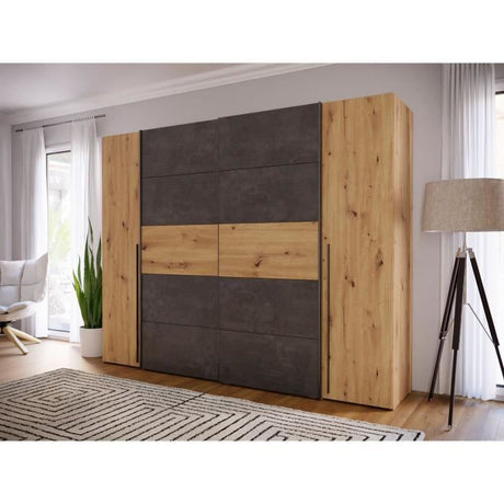 Armoire - Décor chene artisan et béton gris - 2 portes battantes + 2 portes coulissantes - L 270,3 x P 61,2 x H 210 cm - NARAGO