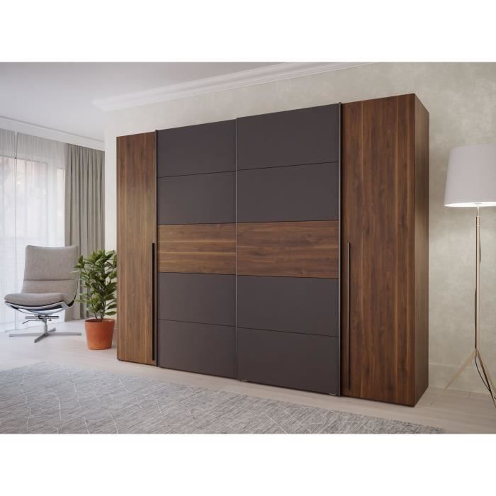Armoire NARAGO - Décor Noyer Bakersfield et gris - 2 portes coulissantes + 2 portes battantes - L270 x P61 x H210 cm