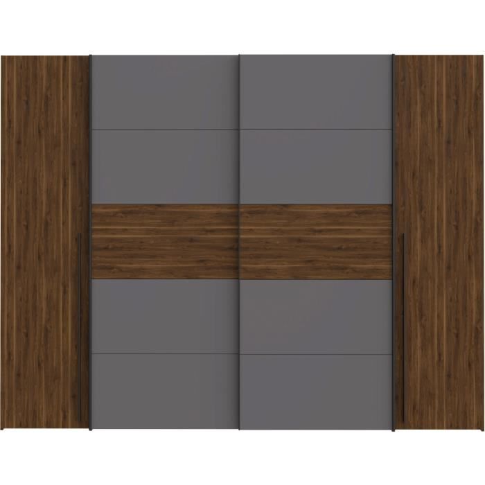 Armoire NARAGO - Décor Noyer Bakersfield et gris - 2 portes coulissantes + 2 portes battantes - L270 x P61 x H210 cm